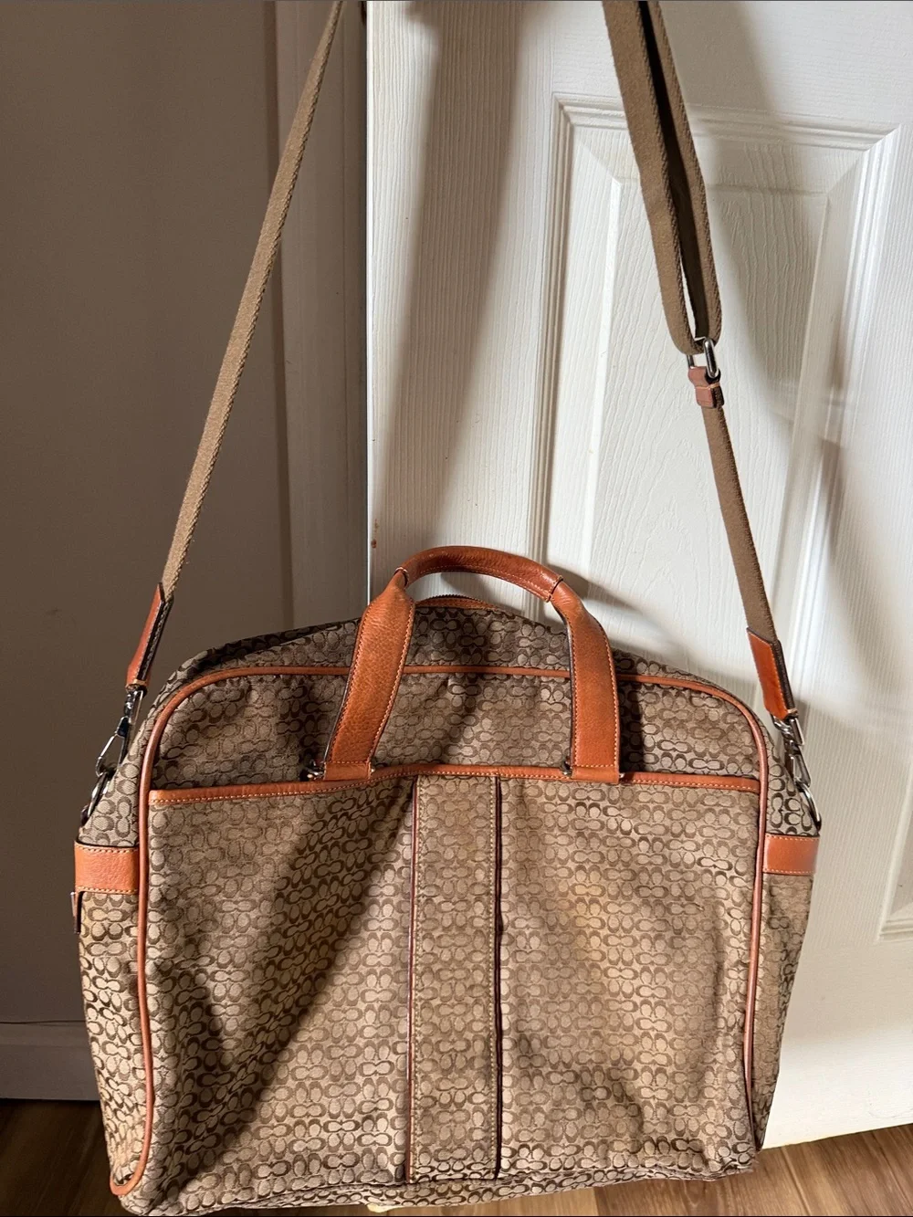 Large Coach Signature Canvas Briefcase with Tan Leather Trim
